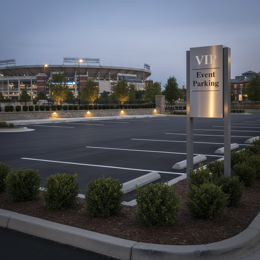 A dedicated VIP event parking area near Bank of America Stadium, with wider parking spaces, polished concrete wheel stops, and a tall, elegant sign reading “VIP Event Parking” in refined lettering on a brushed metal panel. Decorative landscaping with neatly trimmed hedges and uplighting along a low stone wall frames the area, while the stadium arches are visible in the mid-distance. Soft, warm evening lighting from discreet ground lights and subtle stadium glow creates a premium, exclusive atmosphere. Photographic realism from a slightly elevated angle, moderate depth of field, highlighting the upgraded finishes, organization, and high-end feel appropriate for special event guests.
