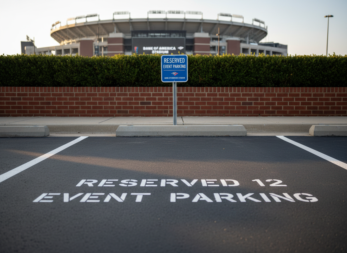 A close, eye-level view of a clearly labeled parking space reserved for Bank of America Stadium event parking, with freshly painted numbering on smooth asphalt and a crisp, blue-and-white metal sign reading “Reserved Event Parking” mounted on a concrete wheel stop. Behind it, a low brick wall and manicured shrubs create a tidy boundary, while the stadium’s distinctive architecture rises subtly out of focus in the background. Soft late-afternoon sunlight creates gentle highlights on the painted lines and faint shadows along the curb. The atmosphere is orderly and reassuring, with photographic realism and a shallow depth of field that keeps the reserved space in sharp focus, reinforcing reliability and professionalism.