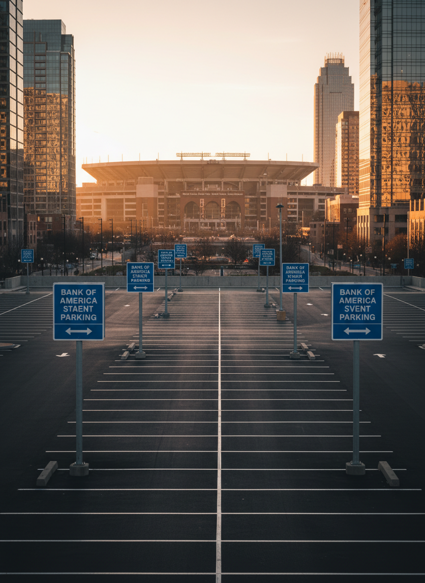 A clean, well-marked urban surface parking lot designated for Bank of America Stadium events, with neatly painted white parking lines and prominent blue event parking signs on sturdy metal posts. The stadium’s recognizable silhouette rises in the distance, slightly softened in the background. The asphalt appears recently sealed, dark and smooth, with reflective glass office buildings framing the scene. Captured at golden hour with warm, low-angle sunlight casting long, orderly shadows from the signs and curbs, creating a calm, professional mood. Photographic realism from a slightly elevated eye-level angle, sharp focus throughout, emphasizing organization, safety, and easy navigation for event attendees in uptown Charlotte.