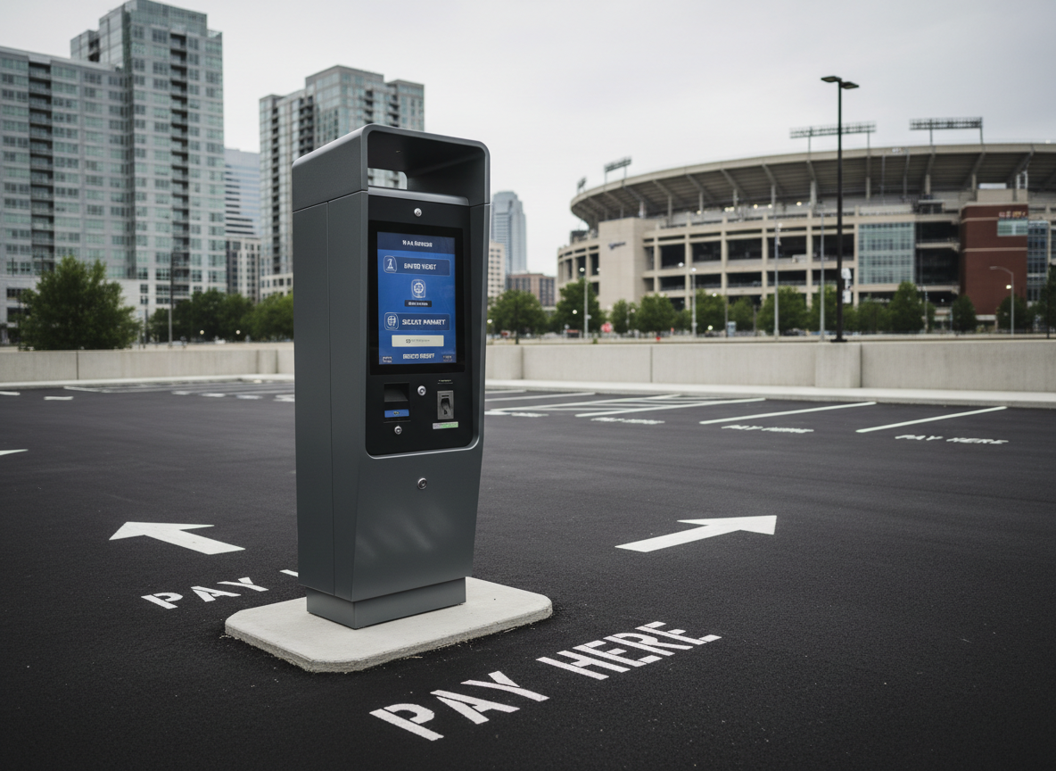 A modern payment kiosk station within an uptown Charlotte event parking lot serving Bank of America Stadium, featuring a sleek, gray metal pay machine with a bright digital screen and clear step-by-step instructions. Around it, the asphalt is marked with bold white “PAY HERE” lettering and directional arrows pointing to exit lanes. A glimpse of the stadium is visible between nearby mid-rise buildings, slightly blurred. The scene is lit by soft, overcast daylight, minimizing harsh shadows and giving a clean, neutral tone. Photographic realism from an eye-level, three-quarter angle, with moderate depth of field, presents a calm, efficient, and user-friendly environment for visitors attending stadium events.