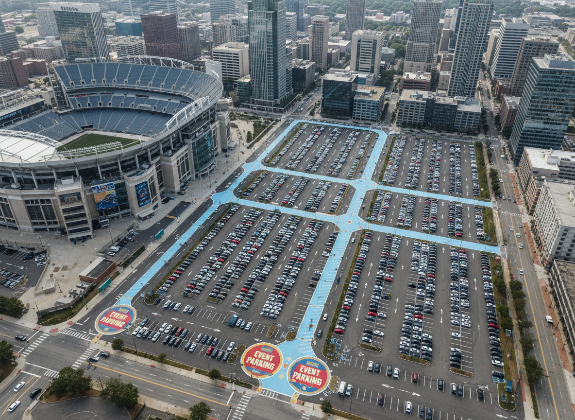 An overhead, bird’s-eye view of multiple connected parking lots near Bank of America Stadium, showcasing rows of neatly aligned vehicles and clearly marked pedestrian walkways leading toward the stadium. Brightly colored “Event Parking” markers are painted at lot entrances, and directional arrows on the pavement form clear, intuitive routes. Uptown Charlotte’s grid of streets and modern high-rises surrounds the scene. Captured in bright, diffused midday light with minimal shadows, the mood is efficient, organized, and businesslike. Photographic realism with sharp detail across the entire frame, emphasizing the scale, capacity, and strategic location of parking options for major stadium events.