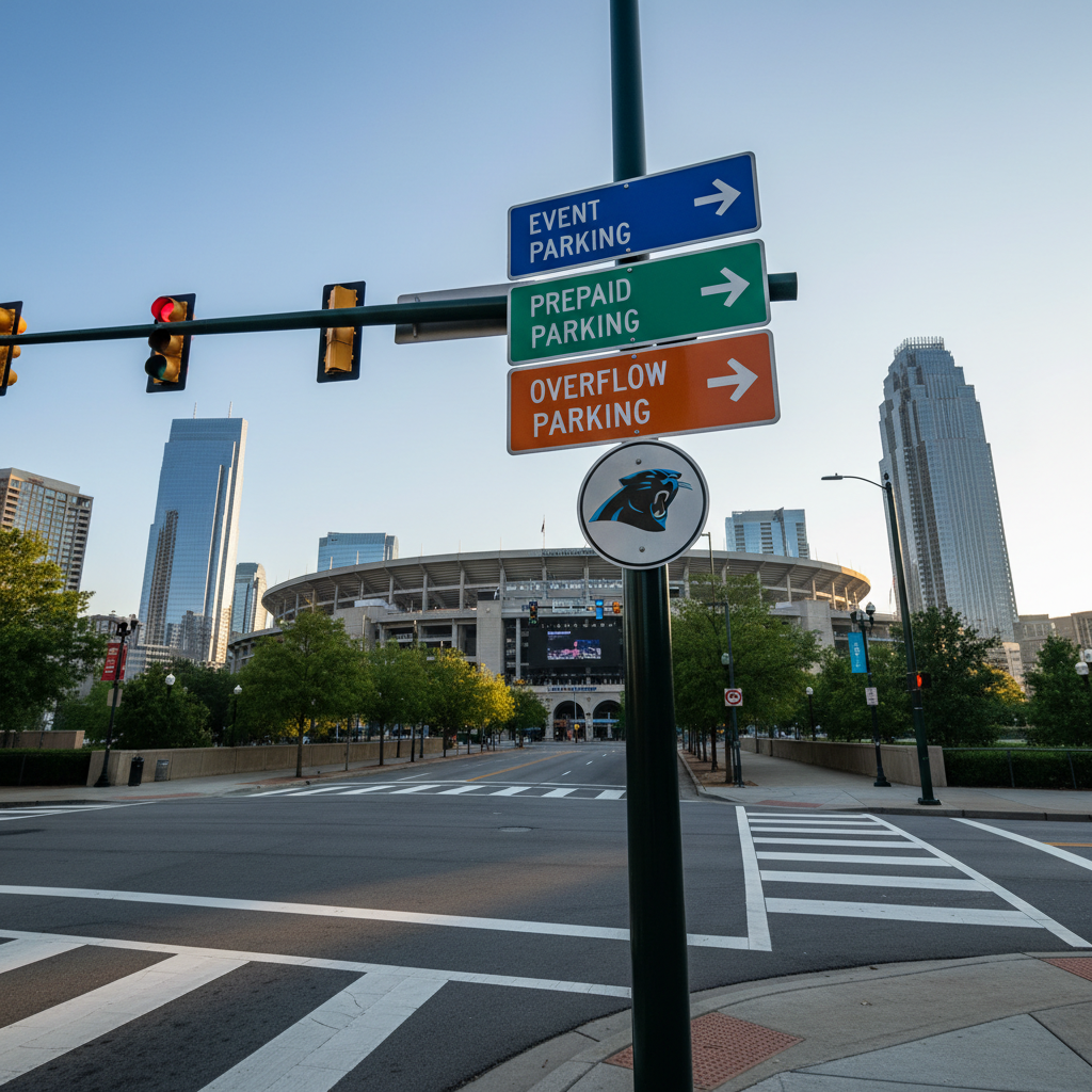 A clear directional signage cluster at a key uptown Charlotte intersection guiding drivers to Bank of America Stadium event parking. Multiple clean, modern signs on a single black pole indicate “Event Parking,” “Prepaid Parking,” and “Overflow Parking,” each with bold arrows and concise wording. The surrounding streets are well-marked with fresh lane striping and visible traffic signals, while the stadium appears at the end of the avenue. Captured in bright, crisp morning light with strong clarity and minimal haze, the mood is confident and navigable. Photographic realism from a low, upward-tilted angle emphasizes the signage against the skyline, reinforcing organization and ease of access.
