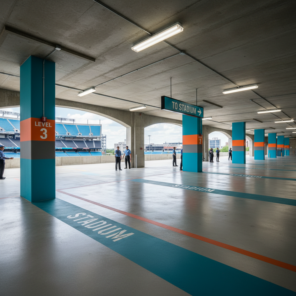 A structured, multi-level parking garage interior near Bank of America Stadium prepared for event parking, with clean concrete floors, bright overhead LED lighting, and vividly painted wayfinding arrows on the ground. Each level number is displayed in bold typography on color-coded pillars, and a large, clear “To Stadium” sign with an arrow points toward an open side where the stadium can be glimpsed through the opening. The atmosphere is efficient and professional. Photographic realism from a wide-angle, eye-level composition, showing strong leading lines down the driving lane, sharp focus throughout, and a modern, orderly environment optimized for game day visitors.