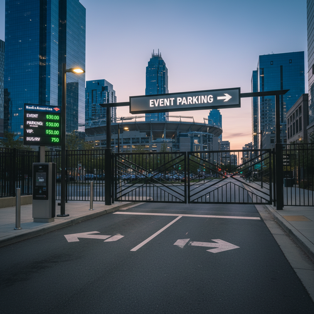 A secure, gated parking entrance for Bank of America Stadium events, featuring a modern black metal gate, bright LED-lit “Event Parking” sign, and a clear directional arrow painted on the asphalt. An electronic rate board displays event pricing in crisp digital numerals beside a sleek ticket dispenser. The scene sits within an uptown Charlotte streetscape, with the stadium visible further down the road and glass towers reflecting the evening sky. Cool twilight lighting with subtle streetlamp illumination creates a professional, trustworthy atmosphere. Photographic realism, shot from a low, slightly off-center angle with leading lines guiding the eye through the gate toward the stadium, conveying convenience and clarity for drivers.